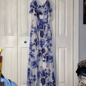 Blue and white off the shoulder maxi dress, size 14.